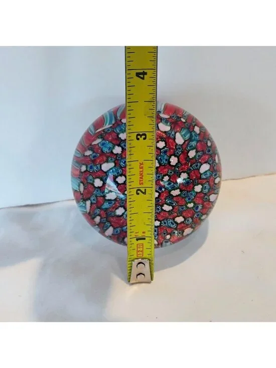 Art Glass Mouth Blown Millefiori Paperweight Red Blue White Flowers 3.5" - Picture 5 of 6